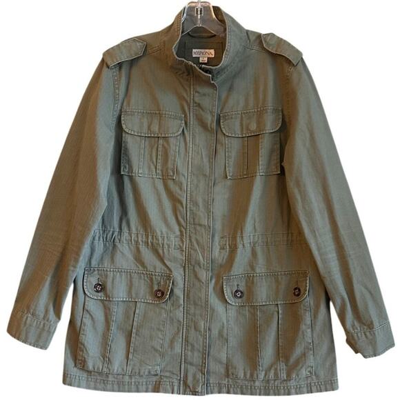 Women’s Chore Jacket Sz L Army Green Utility Drawstring Cotton Pockets Barn Work - Picture 1 of 16